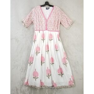Madison Mathews Midi Dress Women Large‎ Pink White Floral Cotton Prairie Boho